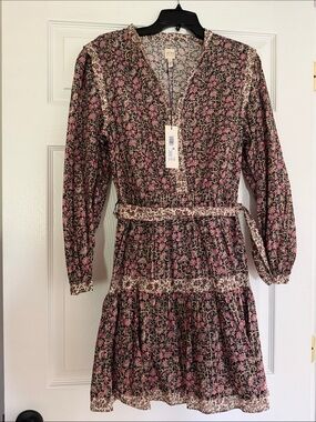 Rebecca Taylor La Vie Pink and Black Floral Long-Sleeve Tiered Dress NWT L